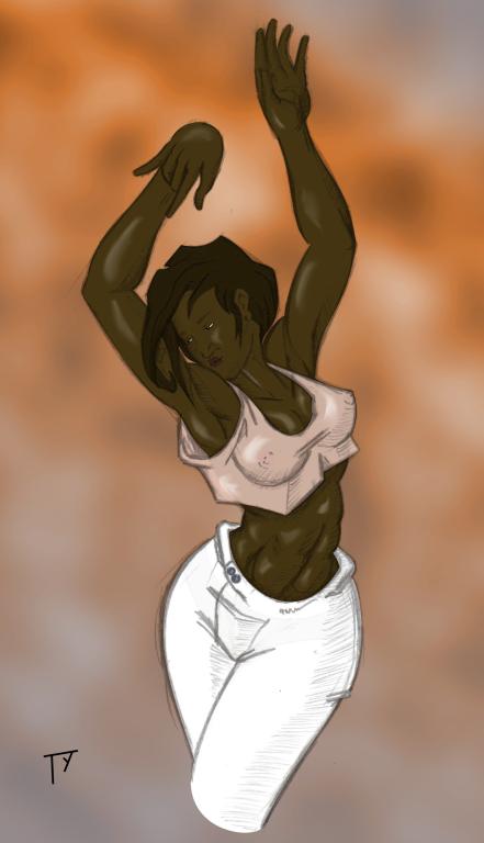 A black woman, dancing (pencil drawing, color by computer).