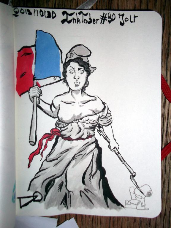Marianne stands up, the French flag in her right hand and a rifle in her left hand.