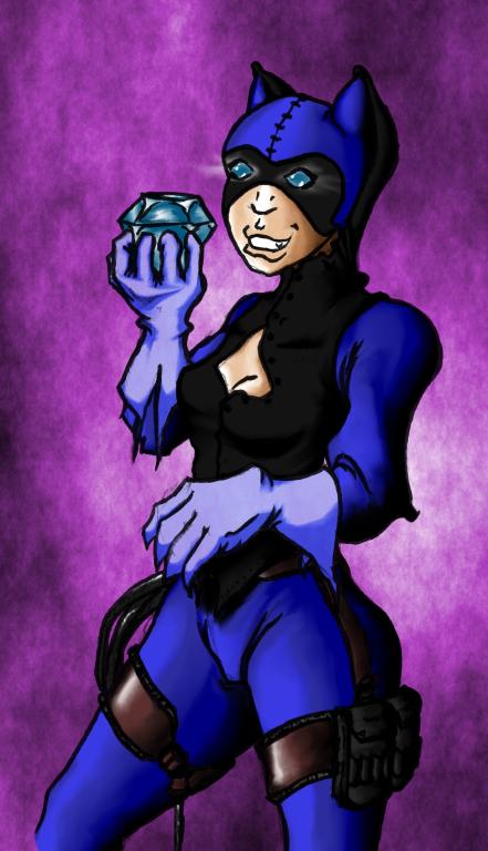 Ma version de Catwoman : en combinaison bleue et corset noir, elle est équipée de petites sacoches sur les cuisses et tiens un bijou dans des mains gantées en forme de pattes de chat (dessin au crayon, colorié par ordinateur).