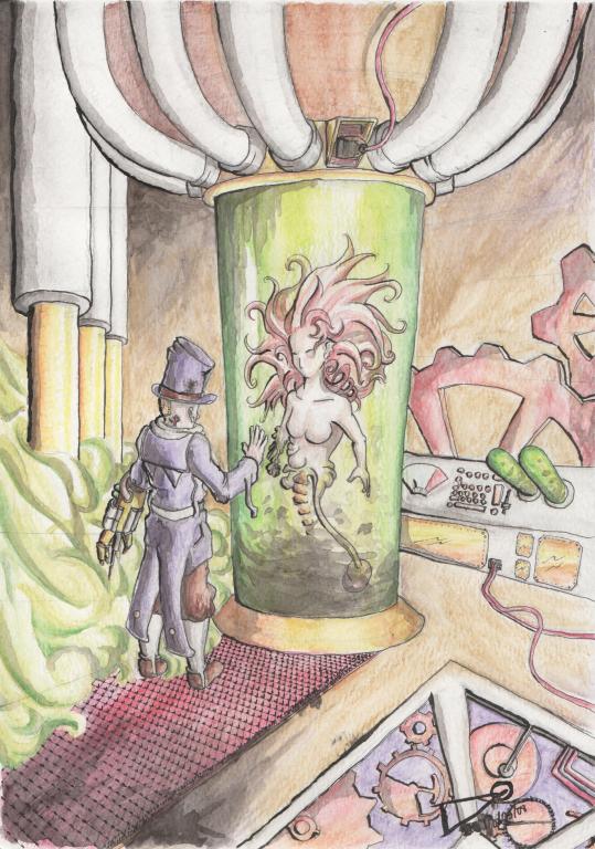 Dans un laboratoire ambiance steampunk, un homme en haut-de-forme avec un gantelet mécanique pose la main sur un tube où le corps d'une femme est en train de se construire.
