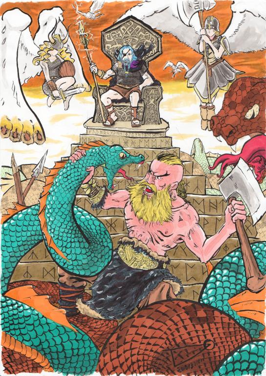 Un Viking armé d'une hache affronte 2 serpent géants au pied du trône d'Odin, entouré de ses 2 corbeaux et sous le regard des Valkyries.