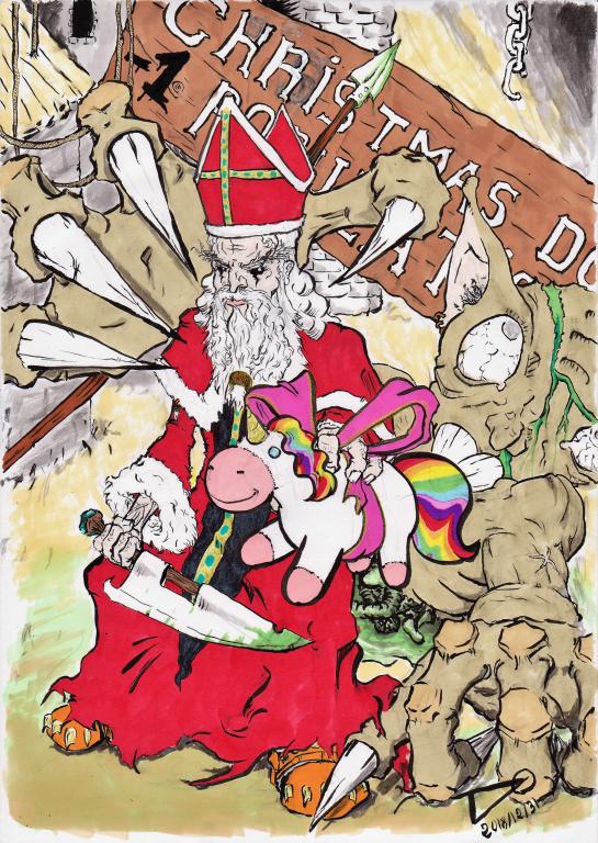 Le St Nicolas, équipé d'un énorme couteau ruisselant de sang, brandit une magnifique et extrêmement mignonne licorne en peluche à la crinière arc-en-ciel, lootée sur le cadavre d'un gobelin géant, alors qu'un panneau affiche "Christmas Donjon : -1 population".