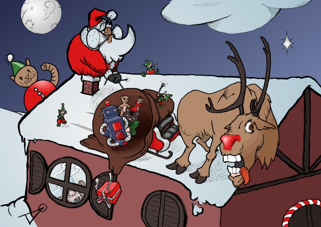 While Santa Claus is stuck in the chimney, his host falls over, letting all the gifts escape, under the amazed gaze of a little girl, and in the panic of his team of elves, while his nosed queen red being clearly exhausted.