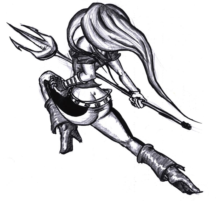 A female warrior, about to strike, armed with a trident.