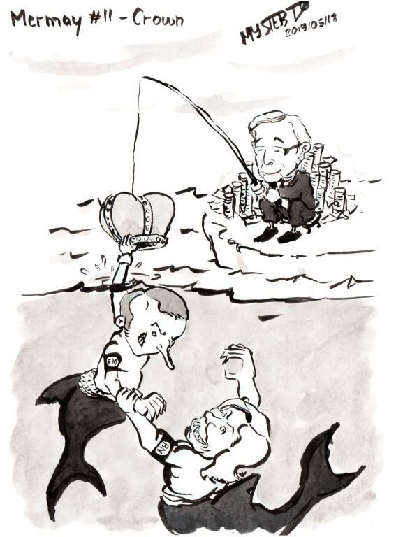 Indian ink drawing by Myster Ty: Jean-Claude Juncker angling. The hook is a crown. Macron and Lepen, caricatured as mermaid-sharks, are fighting for it.