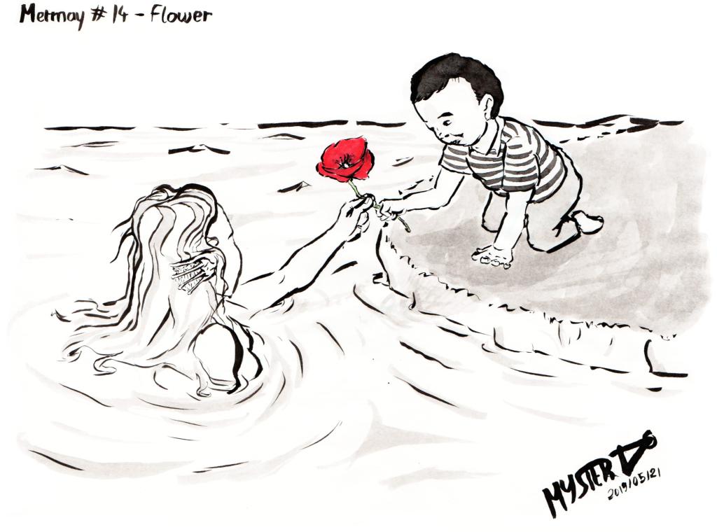 Indian ink drawing by Myster Ty: A mermaid offers a poppy to a young child. The poppy is red.