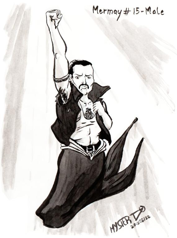 Indian ink drawing by Myster Ty: fanart of Freddy Mercury / Queen as a mermaid, raising his fist high, a halo of light framing it