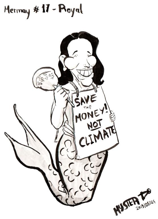 Indian ink drawing by Myster Ty: Ségolène Royale, caricatured as a mermaid, swings a bell stamped with "$" all around. It displays a sign "Save the money, NOT the climate".