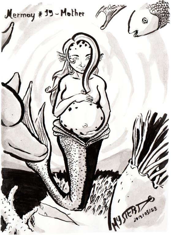 Indian ink drawing by Myster Ty: A mermaid with long blonde hair is seen from the front, wrapping her arms around her round, pregnant belly. It is surrounded by marine fauna (dolphins, fish)