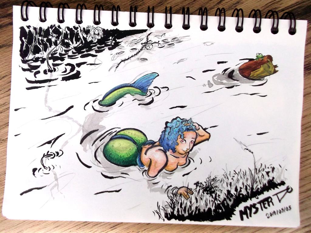 Indian ink and watercolor drawing by Myster Ty: A mermaid sticks her head out of the water in a river. She has blue, wavy hair and an emerald green colored fishtail. A green frog is visible on a driftwood a little further.