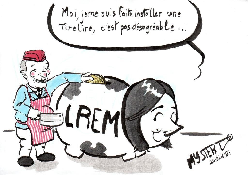 News drawing by Myster Ty:
- Brune Poirson, caricatured as a cow-piggy bank: "I had a piggy bank installed, it's not unpleasant"
- At the same time, a butcher deposits money in the so-called piggy bank.