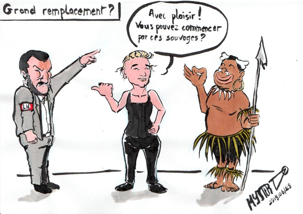 News drawing by Myster Ty: Great Replacement
A fascist demands the departure of the refugees, Carola Racketé in the center, a stereotypical Central African refugee according to the colonial vision on the right
- Carola Raquete asks the refugees to "replace" these "savages" who are the fascists.