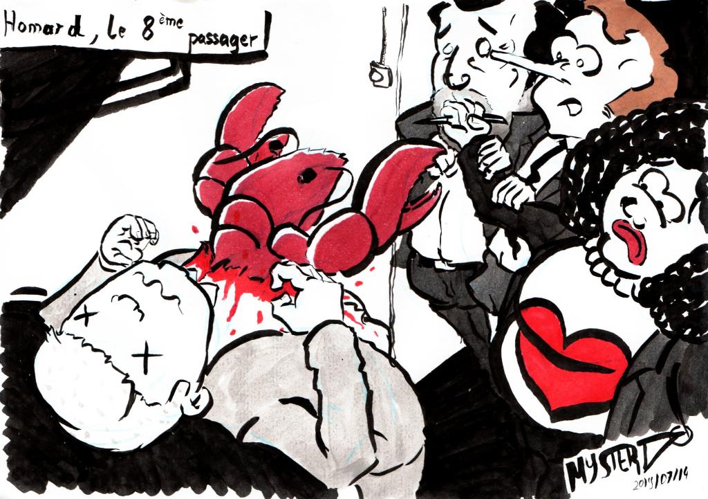News drawing by Myster Ty - Lobster, the 8th passenger.

Remake of the scene of the birth of the alien: A red lobster comes out of the gaping torso of François De Rugy in front of Castaner and little Emmanuel, who take refuge behind Sybeth N'Diaye.