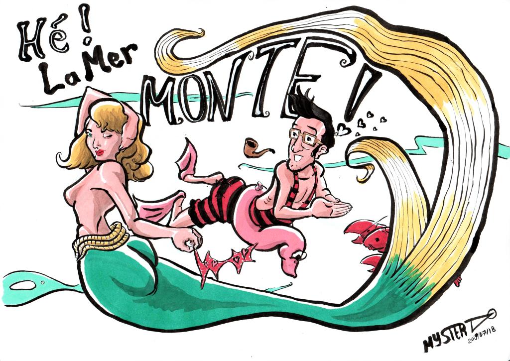 Drawing by Myster Ty - Hey, the sea is rising!

Swimming in the seabed, Prof. Feuillage, in an old-fashioned black and red striped bathing suit, with a pink duck buoy, lets go of his pipe and turns his head to watch a mermaid winking at him while removing her bra.