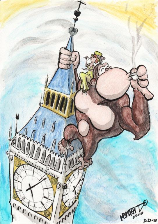 Drawing of Myster Ty in Indian ink and colored pencils: On Big Ben seen from above, King Kong delicately drinks his tea at the same time as Ann Darrow, posed comfortably and with distinction on his shoulder in a period dress Victorian.