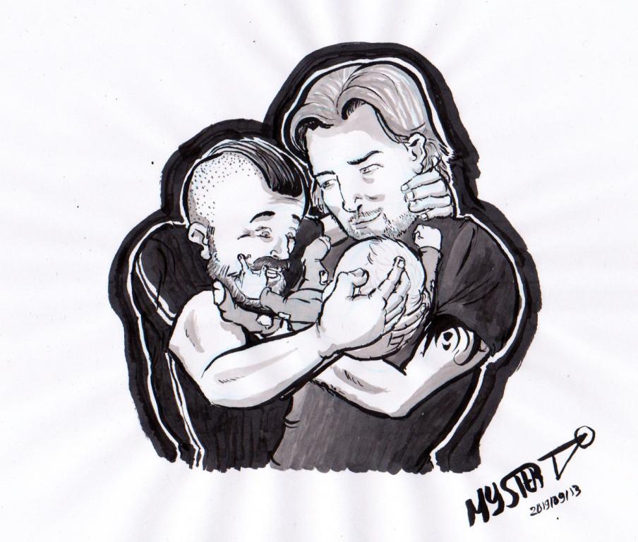 Indian ink drawing by MysterTy. A couple of men tenderly hold their baby against them.