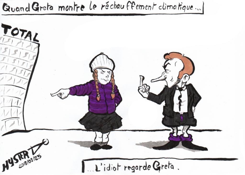 News drawing by MysterTy: When Greta shows global warming by pointing to Total, Macron looks at Greta… And gives her the finger.