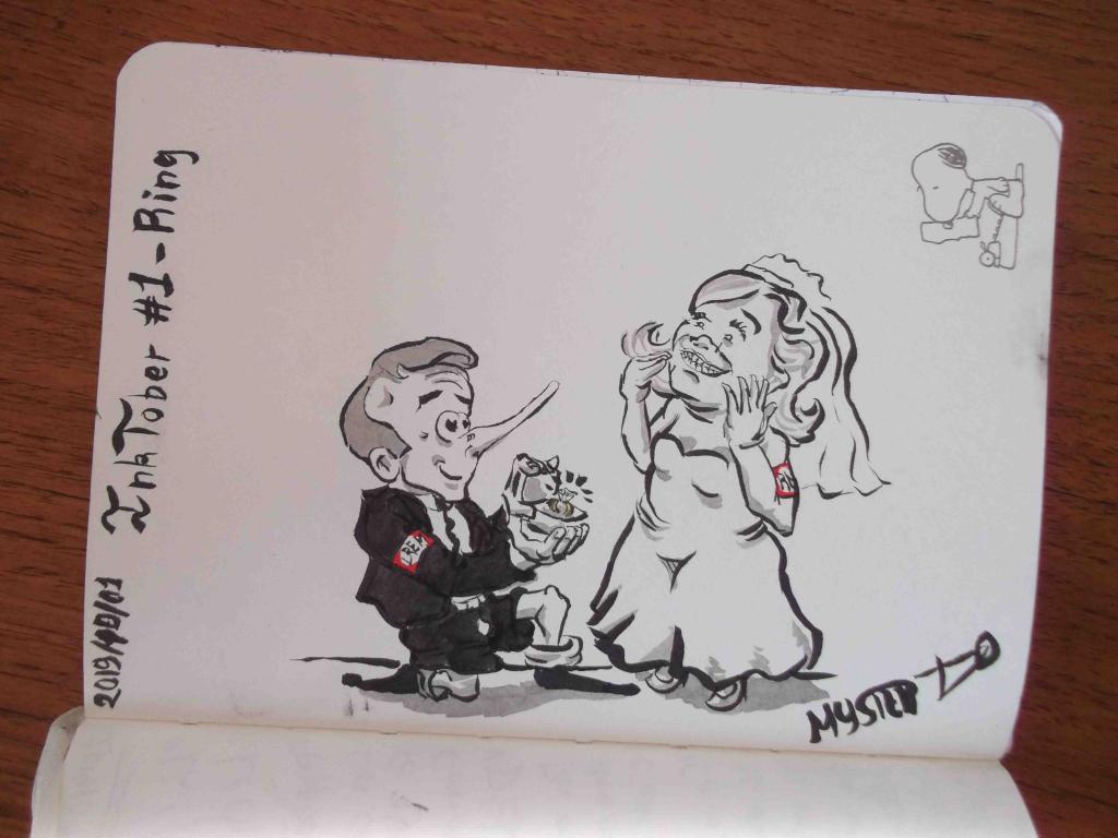 Drawing by Myster Ty: Emmanuel Macron, hands an engagement ring to Marine Lepen in her wedding dress. Both have armbands depicting Nazi imagery marked “LREM” and “RN” respectively.