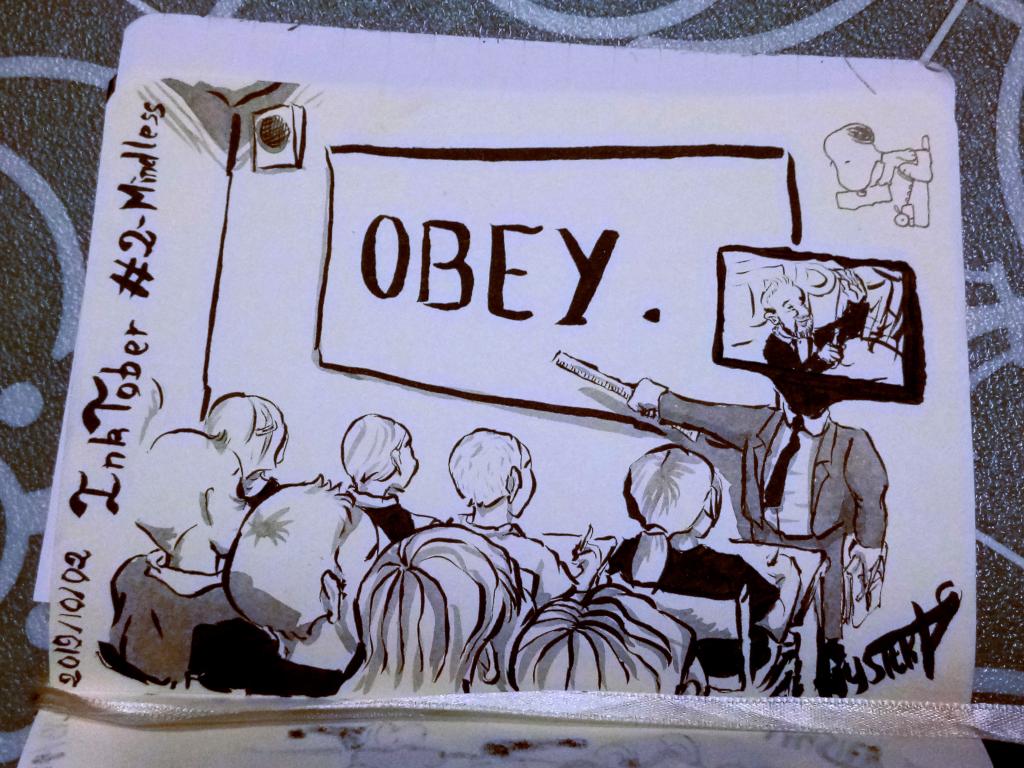 Drawing by Myster Ty: A classmate looks quietly at a teacher with a television screen instead of his head, broadcasting Hanouna's TPMP. On the board it says only one thing: “Obey”.