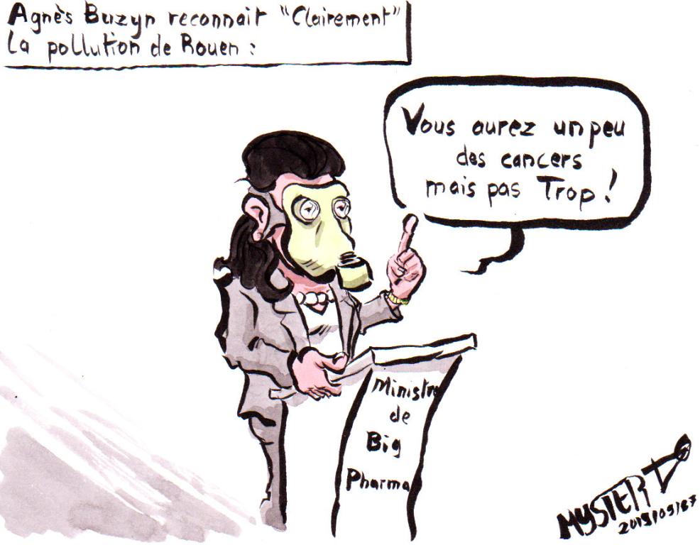 News drawing by Myster Ty: Agnès Buzyn “clearly” recognizes the pollution in Rouen. Agnès Buzyn with a gas mask: “You will have a little cancer, but not too much”