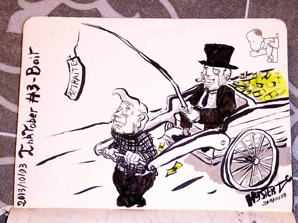 News drawing by Myster Ty: A worker pulls a heavy cart loaded only with money, while the boss increasingly lures him with a hypothetical retirement.