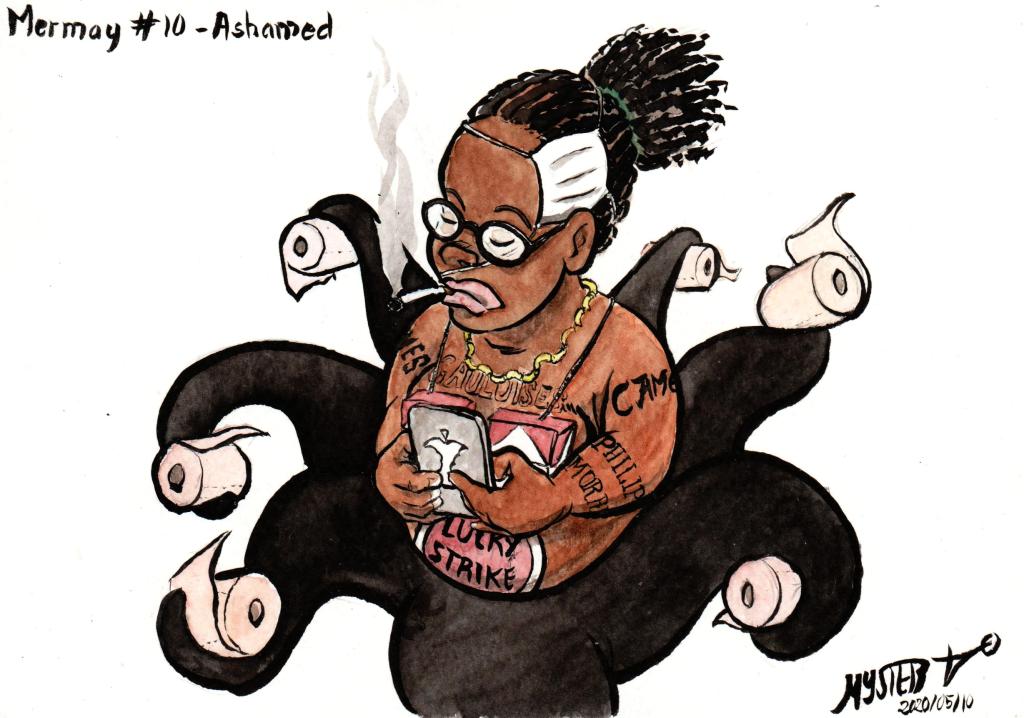 Mermay 2020 par Myster Ty : Sibeth Ndiaye en pieuvre en train de fumer, sur son portable, et tenant un rouleau de PQ au bout de chacune de ses tentacules. Elle porte également un masque de travers et son corps est tatoué de marque de fabriquant de tabac.