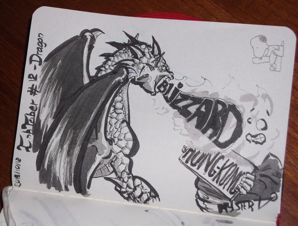 Drawing by Myster Ty: A powerful dragon spits a jet of flame at a protester carrying a “Hong Kong” sign. The flames write the word "Blizzard".