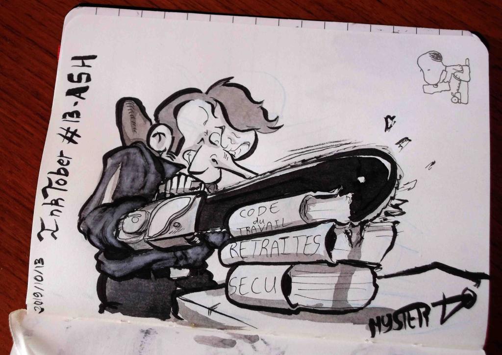 Dessin par Myster Ty : Macron caricaturé en Ash de Evil Dead découpe le code du travail, la sécu et les retraites avec son bras tronçonneuse