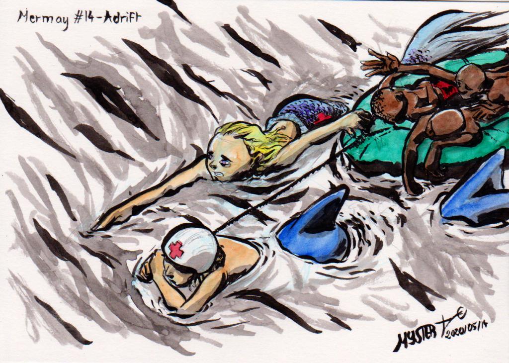 Mermay par Myster Ty : Deux sirène secouristes essayent de sauver un canot à la dérive portant des réfugiés déshydratés essayant de traverser la méditerranée.