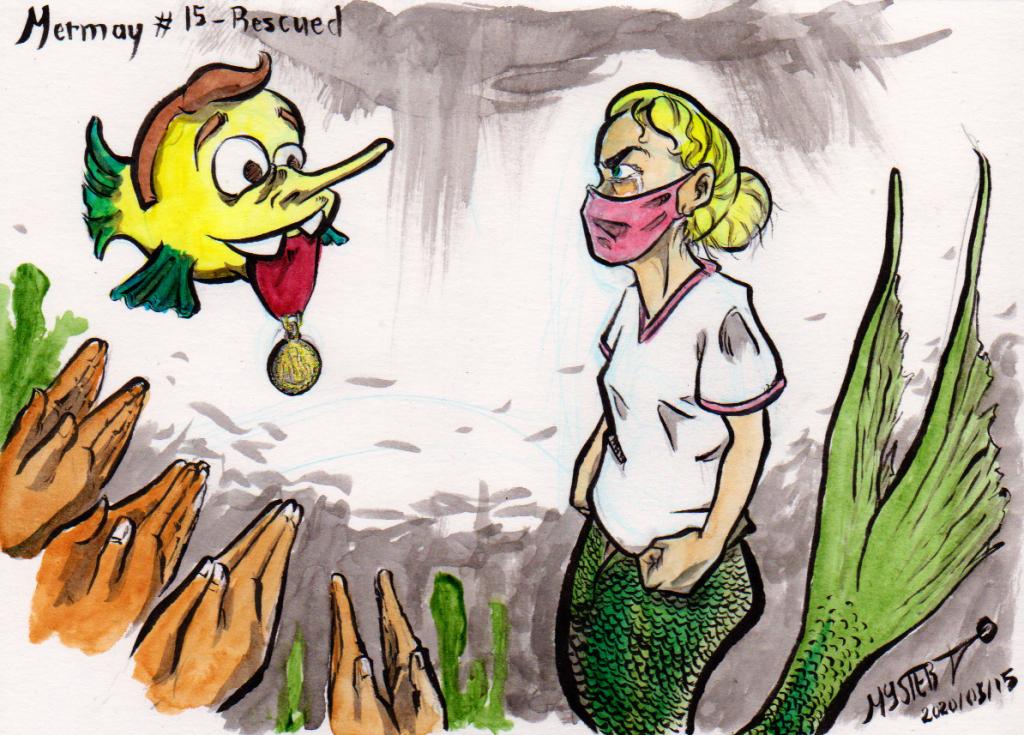 Mermay by Myster Ty: macron in a duffel brings a medal to a mermaid nurse who tightens her stitches and holds back her tears.