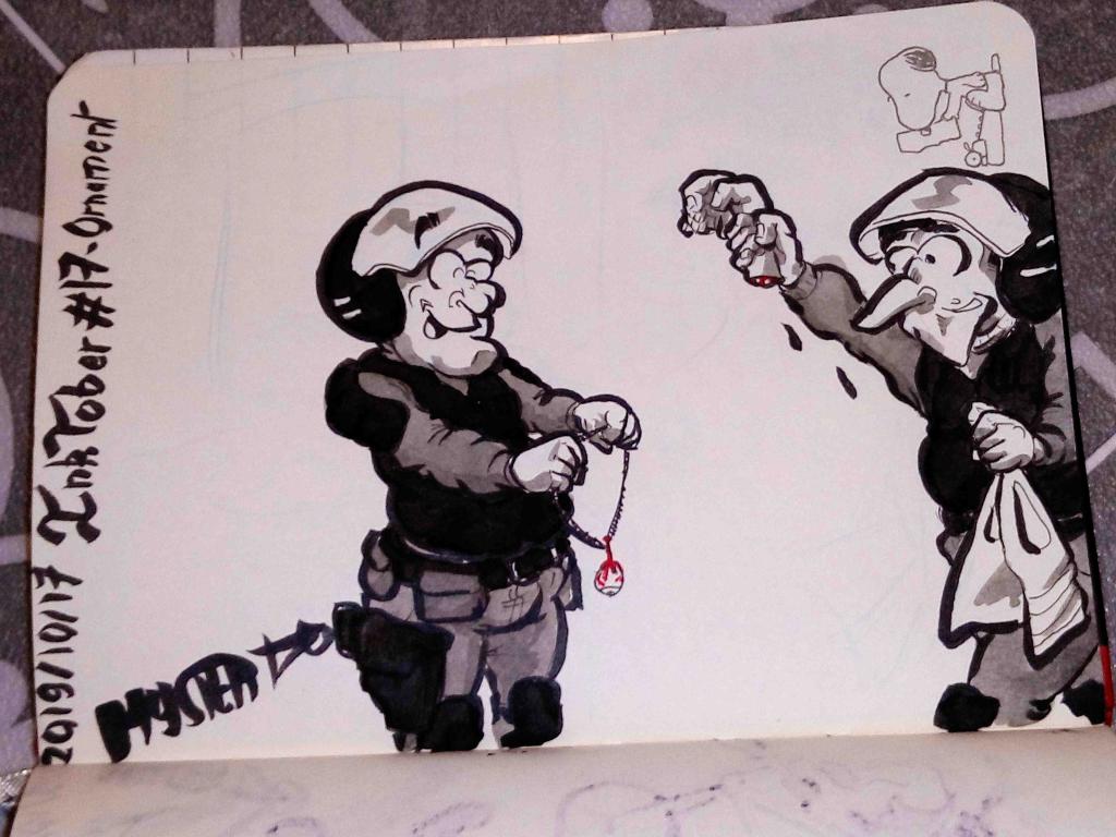 Drawing by Myster Ty: 2 cops make jewelry with the organs of yellow vest protesters. One a necklace with an eye and the other with a hand.