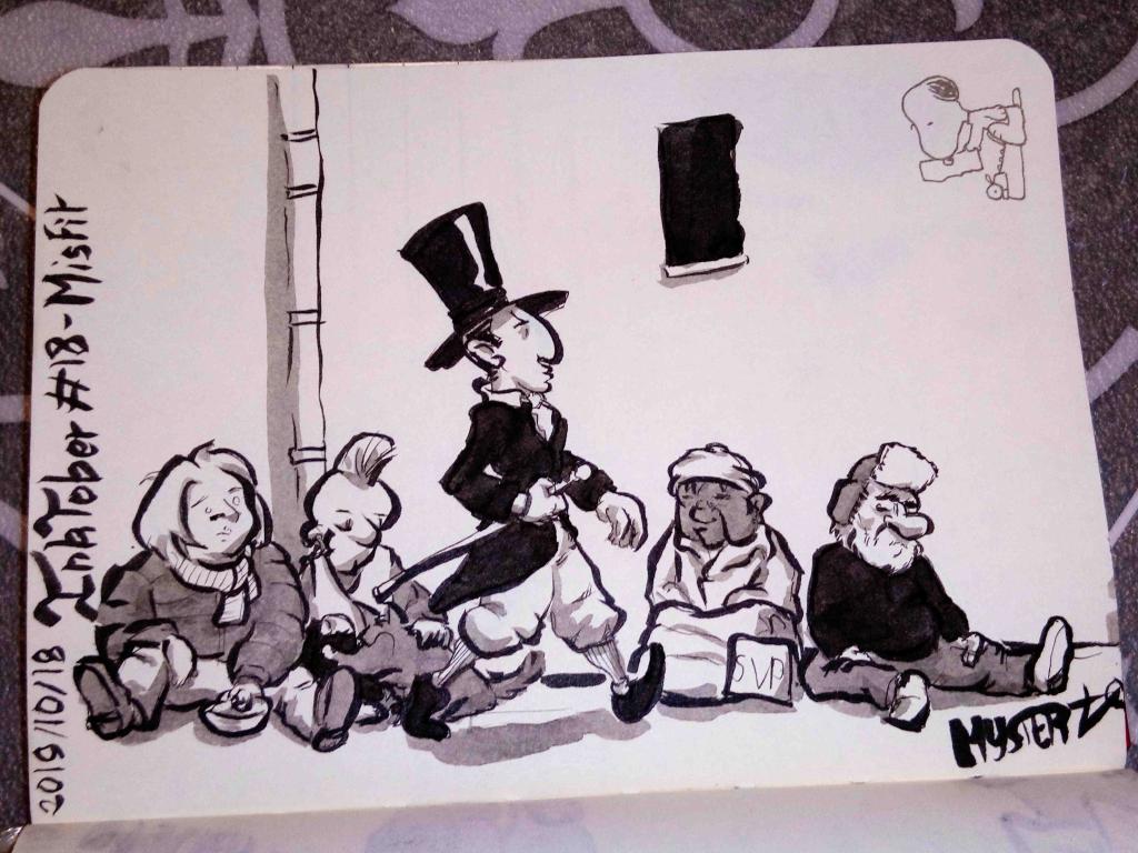 Drawing by Myster Ty: A richly dressed bourgeois walks down the street in front of a row of homeless people.