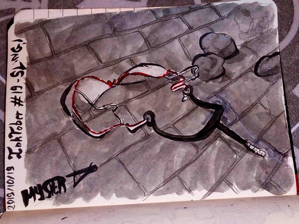 Drawing by Myster Ty: on the cobblestones, a slingshot. The slingshot is made of a bra, to send 2x more stones.