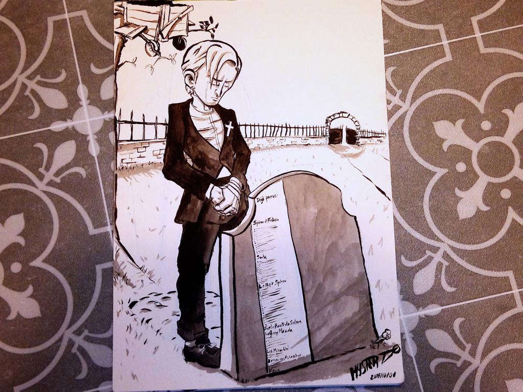 Drawing by Myster Ty: Death of Tome. Soda pays his respects at the grave of Philippe Tome. On the stone you can read the different series on which the author worked. In the background, the wooden plane of little Spirou can be seen crushed in the branches of a tree.