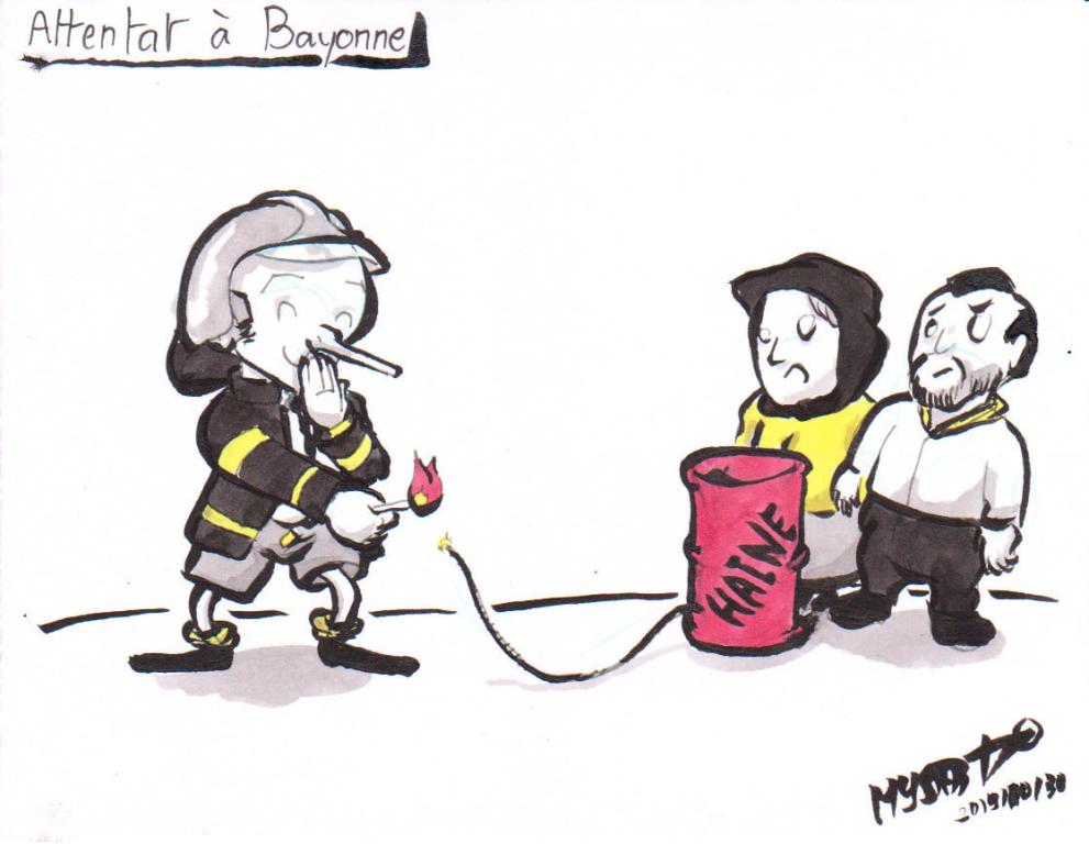 News drawing by Myster Ty: Macron, as a firefighter, lights the fuse of a barrel of hatred in front of Muslim people.