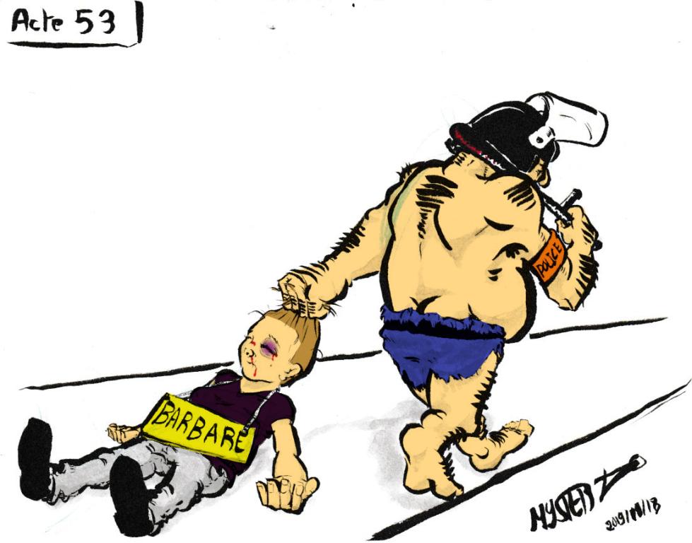 News drawing by Myster Ty: A Cro-Magnon man in a loincloth with a "Police" armband and a baton drags a demonstrator labeled "Barbarian"