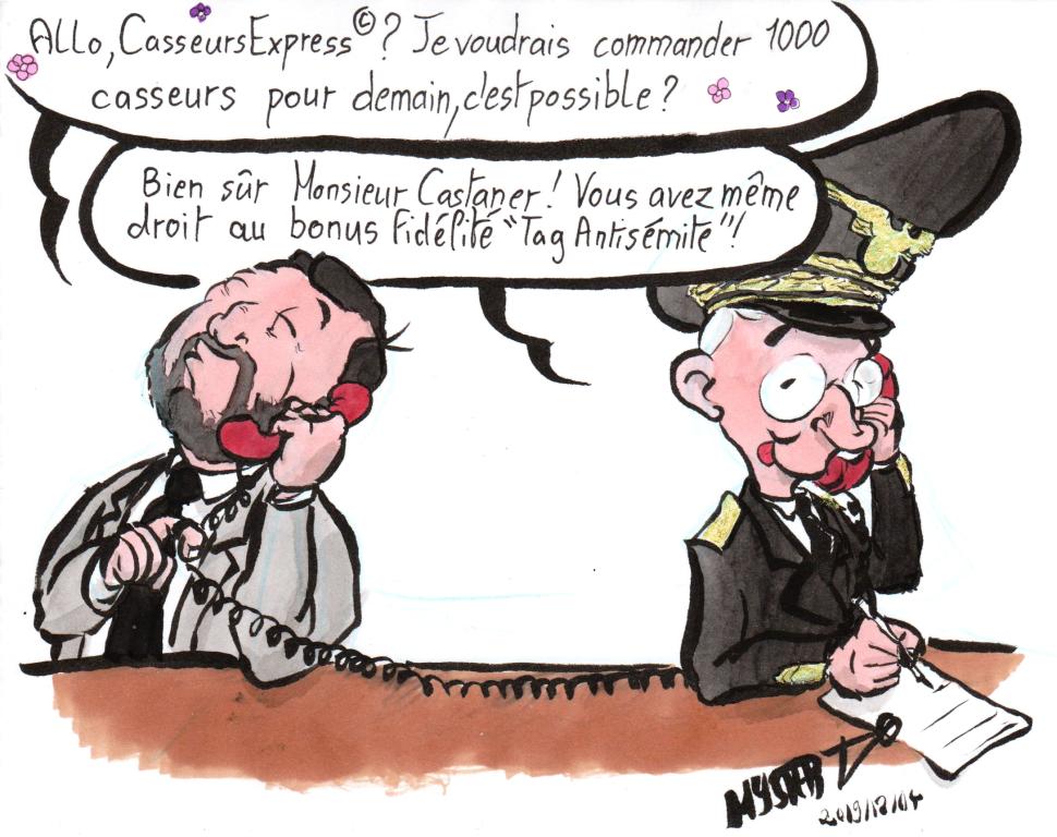 News drawing by Myster Ty: Castaner, calling Lallement on the phone: "Hello, Casseurs Express©? I would like to order 1000 casseurs for tomorrow, is that possible?"
Didier Lallement, responding: “Of course Mr. Castaner, you are even entitled to the “Anti-Semitic Tag” loyalty bonus”