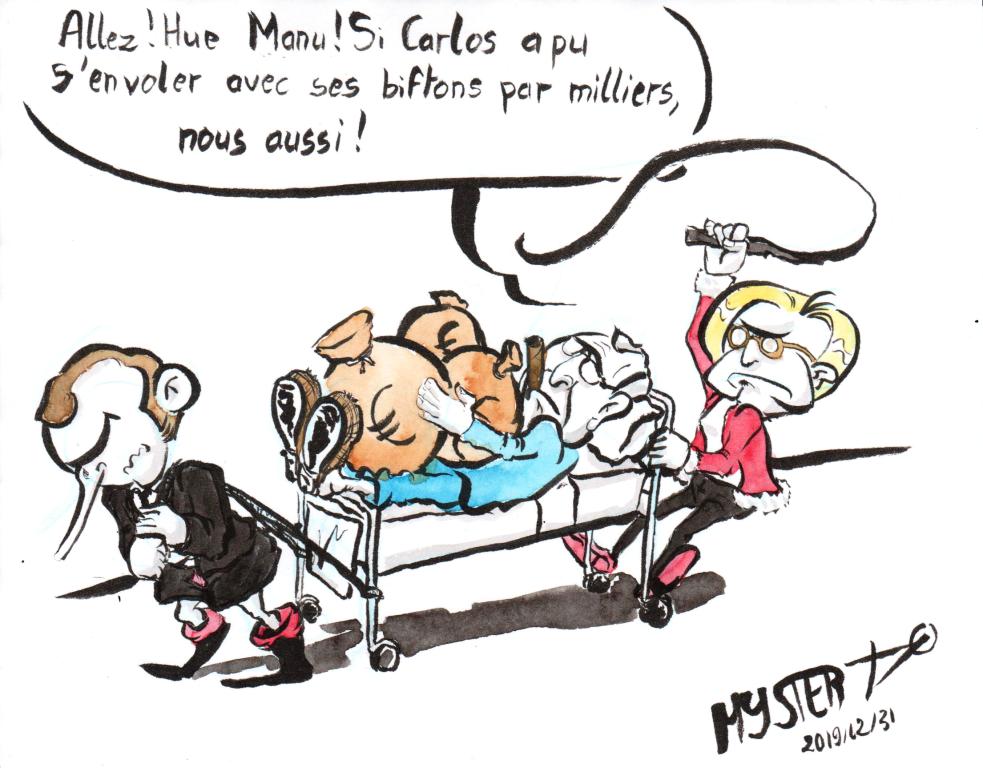 News drawing by Myster Ty: Manu pulls Patrick Balkany's stretcher, clutching large bags of tickets, while Isabelle Balkany shakes her whip at Macron: "Come on, Manu! If Carlos could have taken off with his tickets by the thousands, us too!!!”
