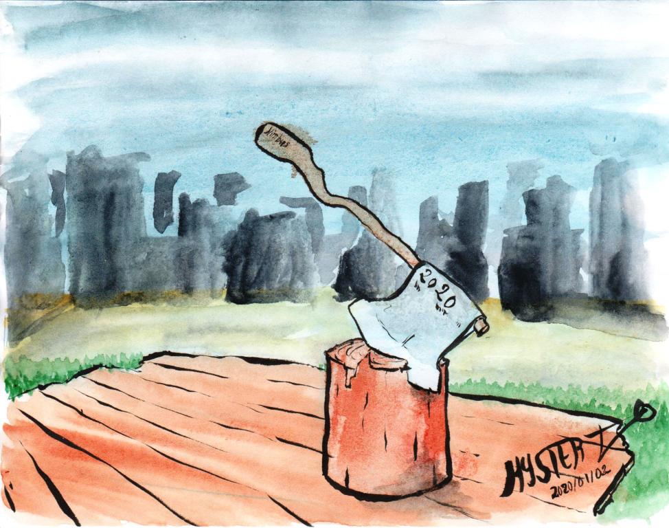 Watercolor painting by Myster Ty: An ax planted on the chopping block waits. The ax is called “2020”.