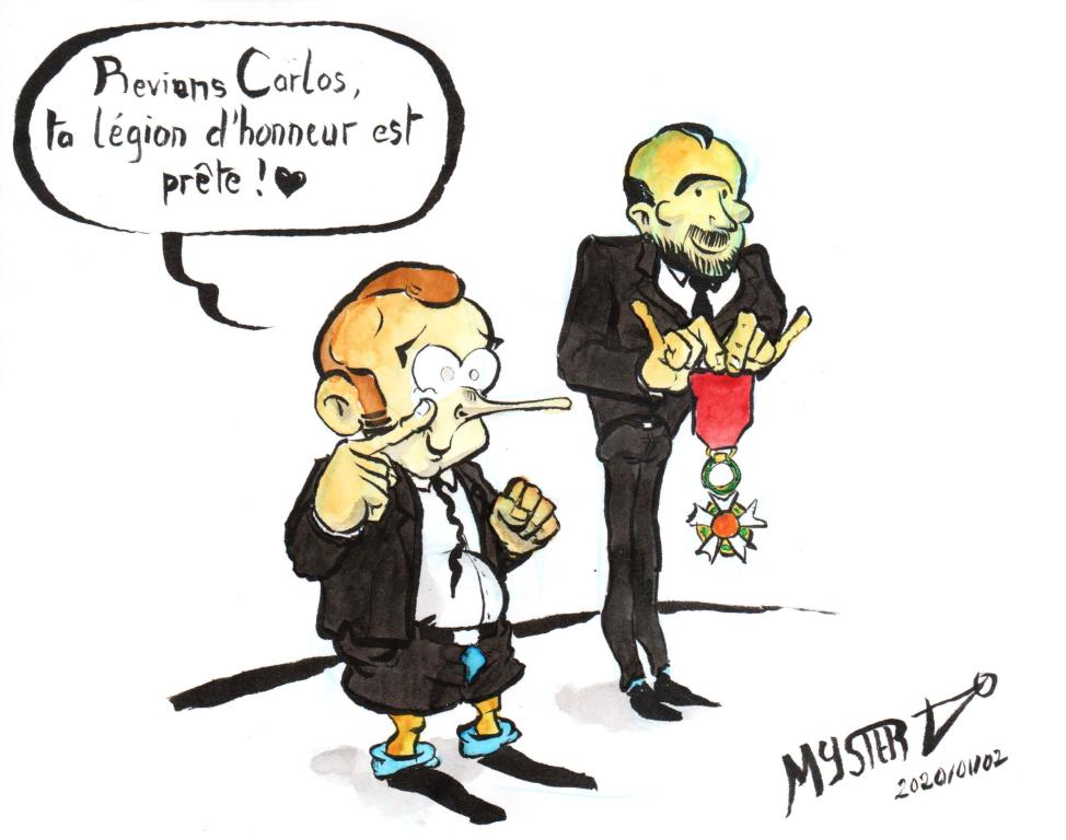 News drawing by Myster Ty: Macron and Philippe, crying with joy: “Come back Carlos Ghosn, your Legion of Honor is waiting for you!”