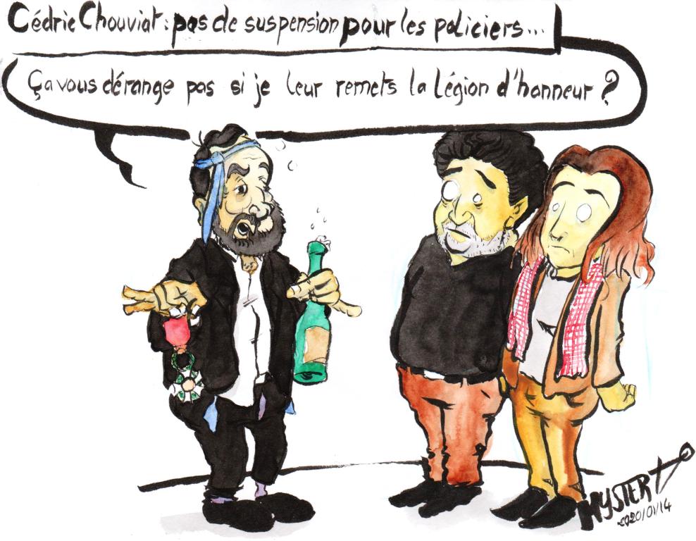 Current drawing by Myster Ty in watercolor: Cédric Chouviat, no suspension for the police.
- Castaner, fly undone, tie around his head, drunk and with a magnum of champagne, speaking to the Chouviat parents: "Would you mind if I gave them the Legion of Honor?"