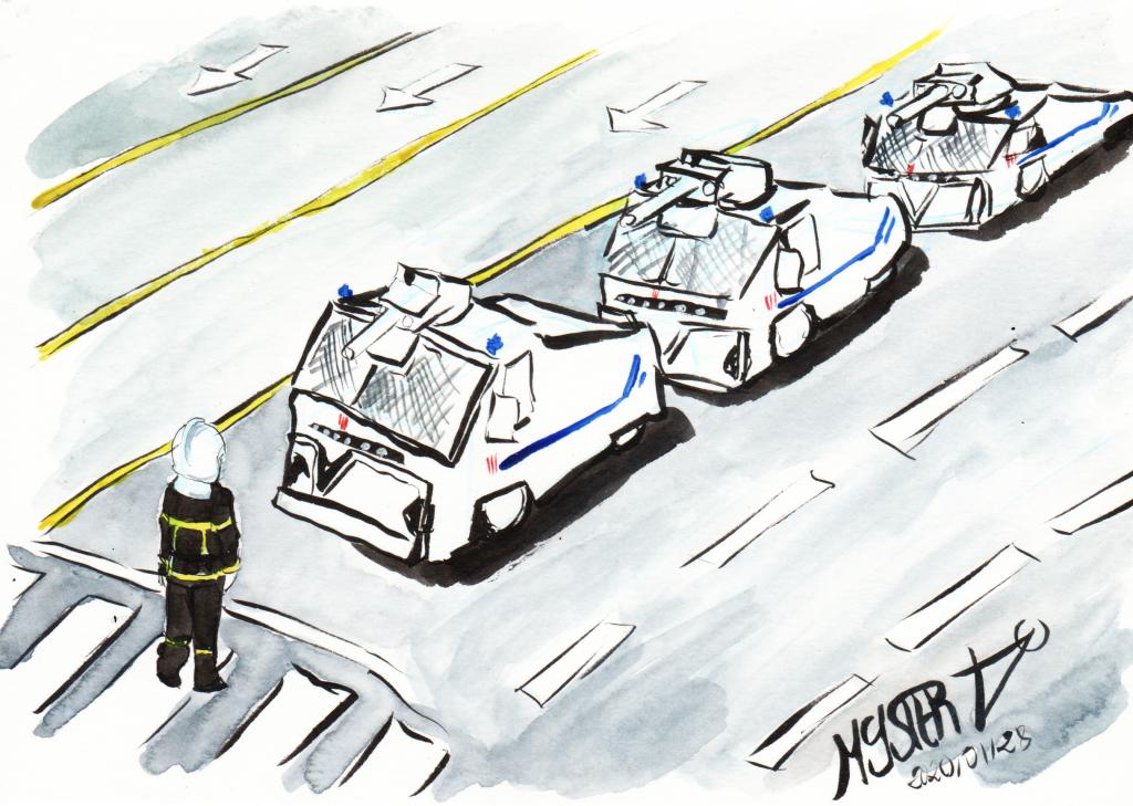 Current drawing by Myster Ty: Using the visual from Tien An Men, a lone firefighter faces an armored ranger from the French police.