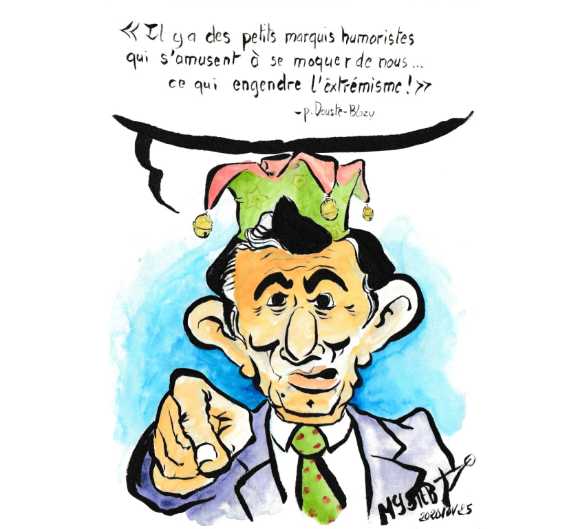 News drawing by Myster Ty: Douste-Blazy with a jester's hat with bells: "There are little marquises of humor who enjoy making fun of us... Which breeds extremism!"