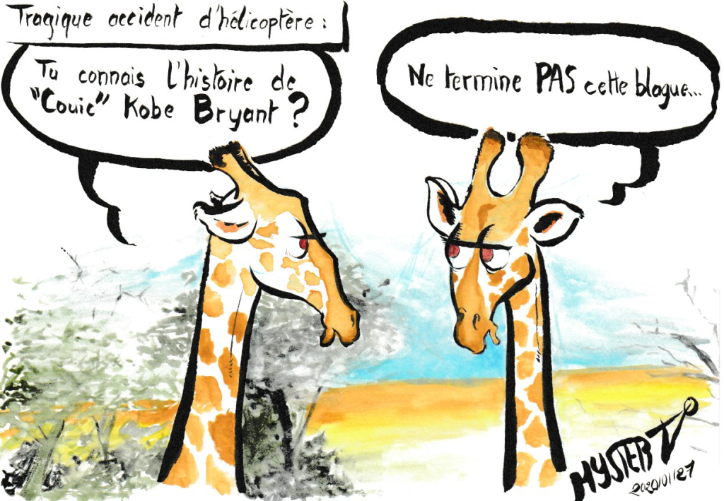 Dessin d'actu à l'aquarelle par Myster Ty : 2 girafes discutent dans la savane : "Tu connais l'histoire de Cuic Kobe Bryant ?" - "Ne termine pas cette blague".