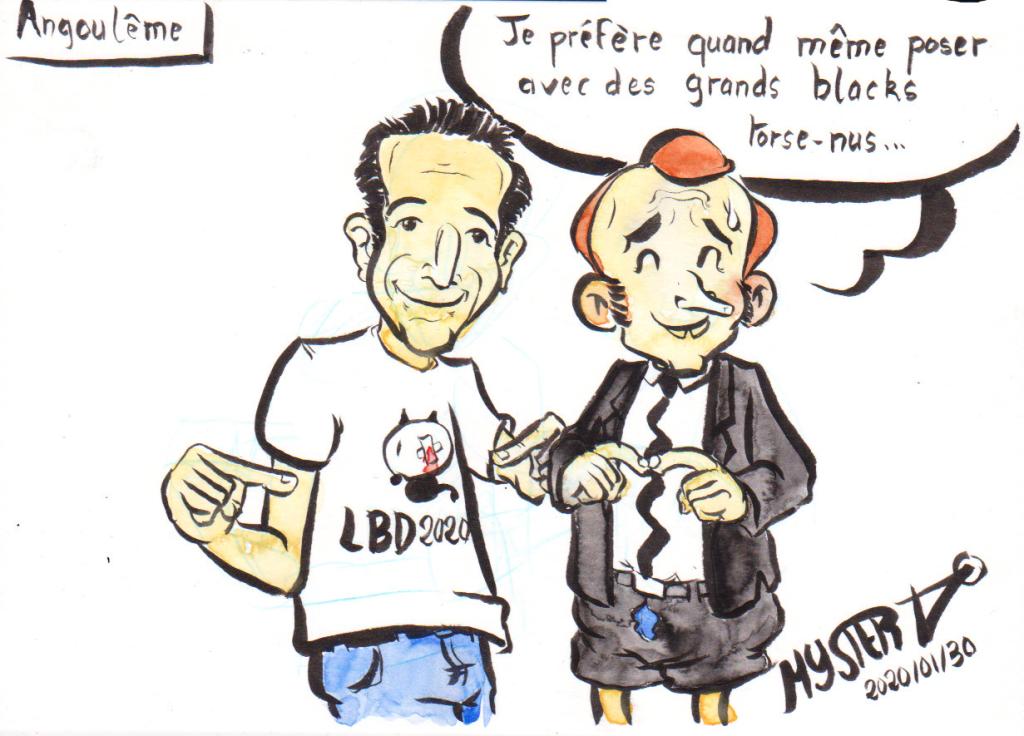News drawing by Myster Ty: Angoulême 2020. Cartoonist Jul poses with Macron for the cameras with an LBD2020 T-shirt against police violence.
- Macron, embarrassed: “I still prefer to pose with tall, bare-chested black guys.”