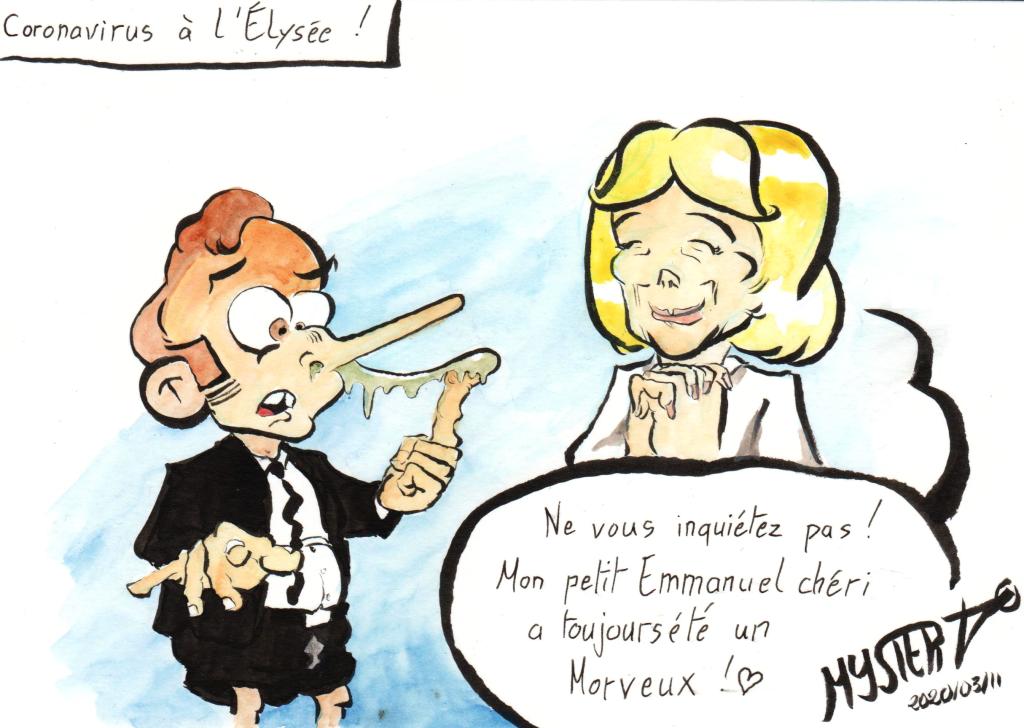 News drawing by Myster Ty: Coronavirus at the Élysée.
In front of Macron playing with his snot, Brigitte exclaims, her mouth dropping: “Don’t worry, my little Emmanuel has always been a little brat!”