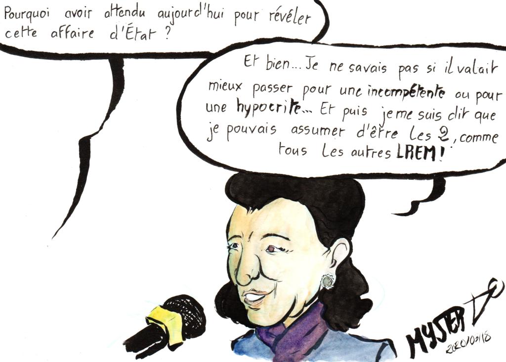 News drawing by Myster Ty: Agnès Buzyn interviewed.
- journalist: “Why did you wait until today to reveal this state affair?”
- A. Buzyn: "Well... I didn't know if it was better to come across as incompetent or a hypocrite... And then I said to myself that I could very well cope with being both like all the other LREM."