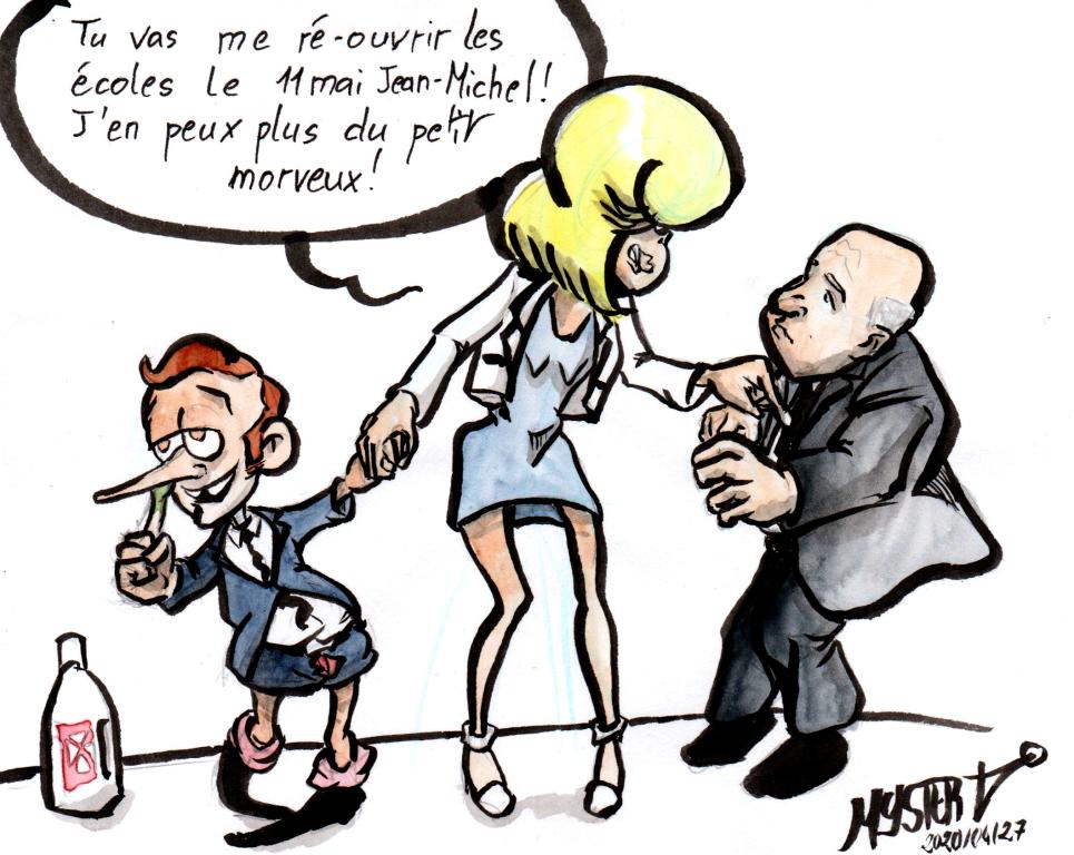 Dessin d'actu par Myster Ty : Brigitte Macron, tenant par la main le petit Emmanuel qui se cure le nez, hurle sur Blanquer : "Jean-Michel, tu vas me ré-ouvrir les écoles le 11 mais ! J'en peux plus du petit morveux !"