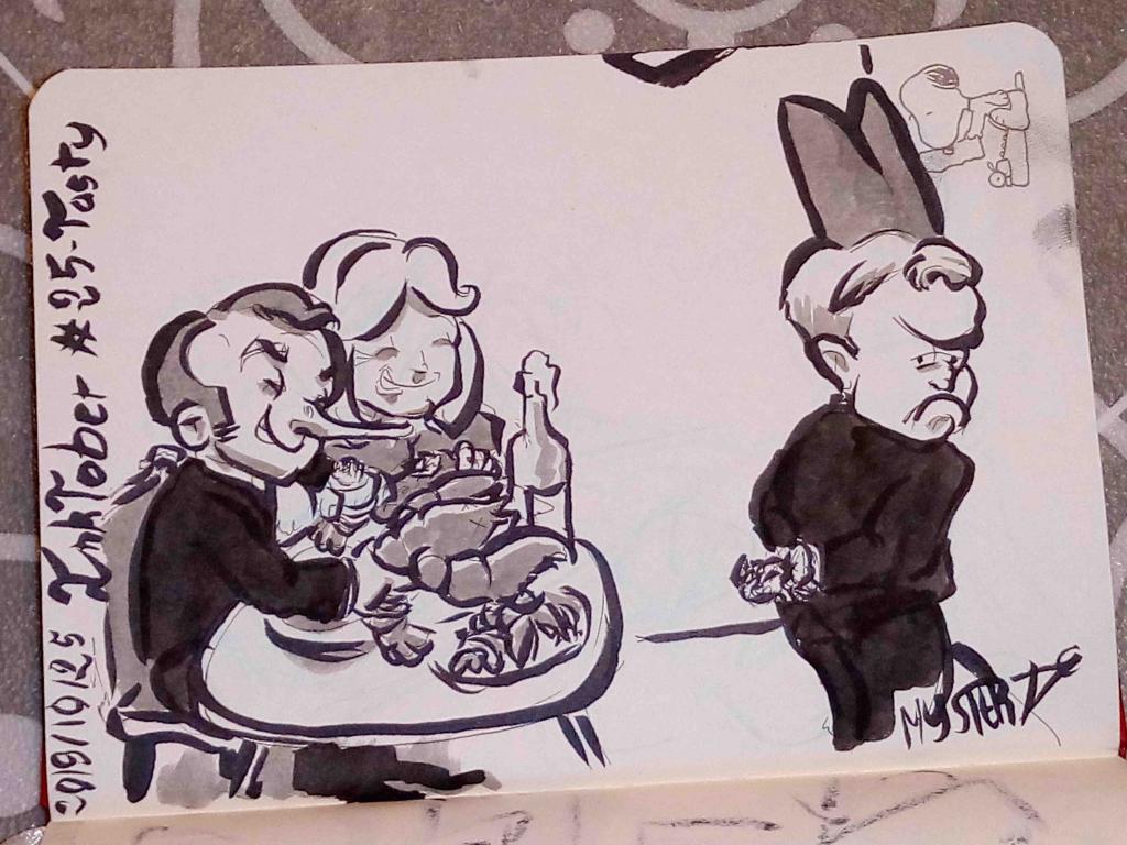 Dessin à l'encre de chine par Myster Ty : Macron et Brigitte mangent du homard devant François De Rugy, puni, au coin, avec un bonnet d'âne.