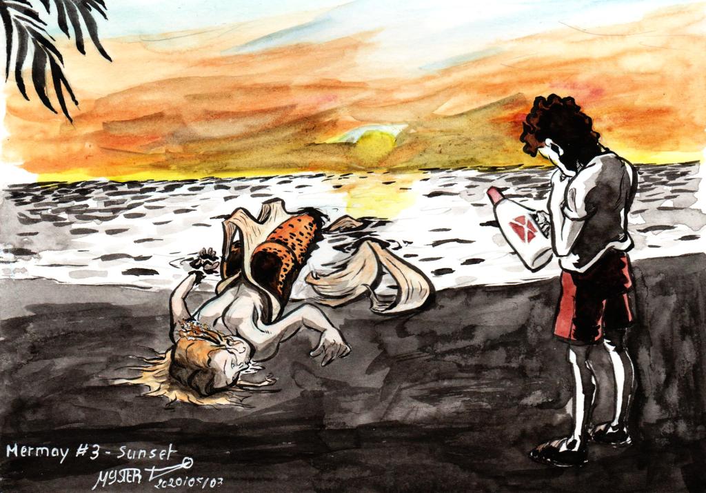Watercolor by Myster Ty: a mermaid is found washed up on the beach, in the golden light of the sunrise. A swimmer reads the label and wonders about using a can of bleach to disinfect the beach.